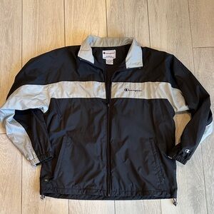 Champion Men's Windbreaker in Black and Gray. Size L
